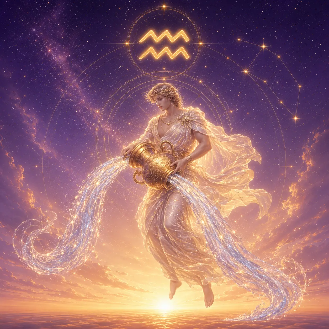 A radiant water bearer pouring starlight into a communal river, symbolizing renewal and shared vision.