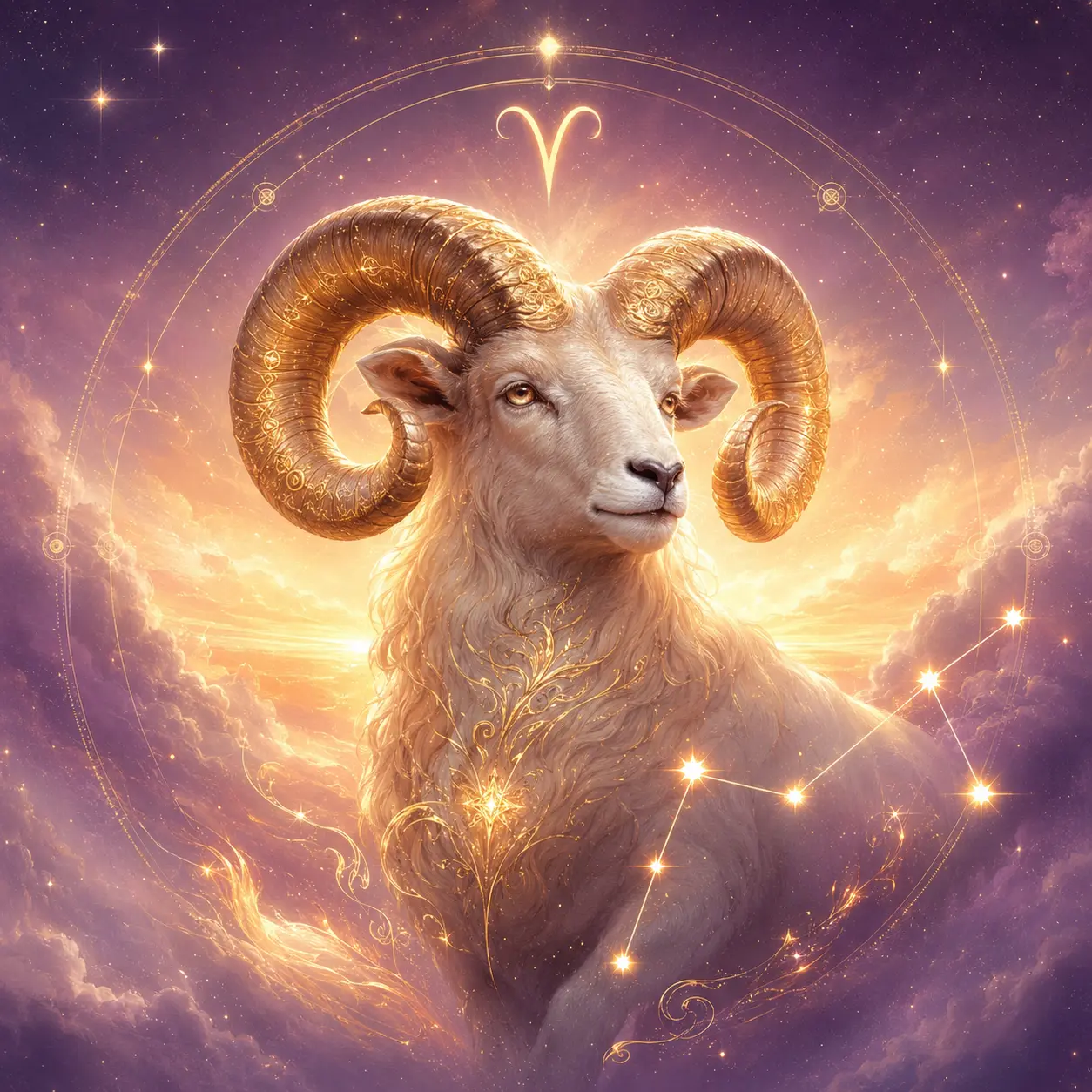 A luminous golden ram beneath a rose-violet moon, symbolizing courageous beginnings.