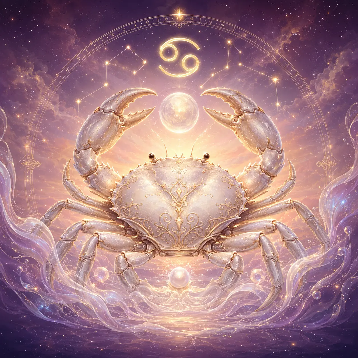 A pearlescent crab beside a glowing tidal sanctuary, symbolizing emotional wisdom and home.