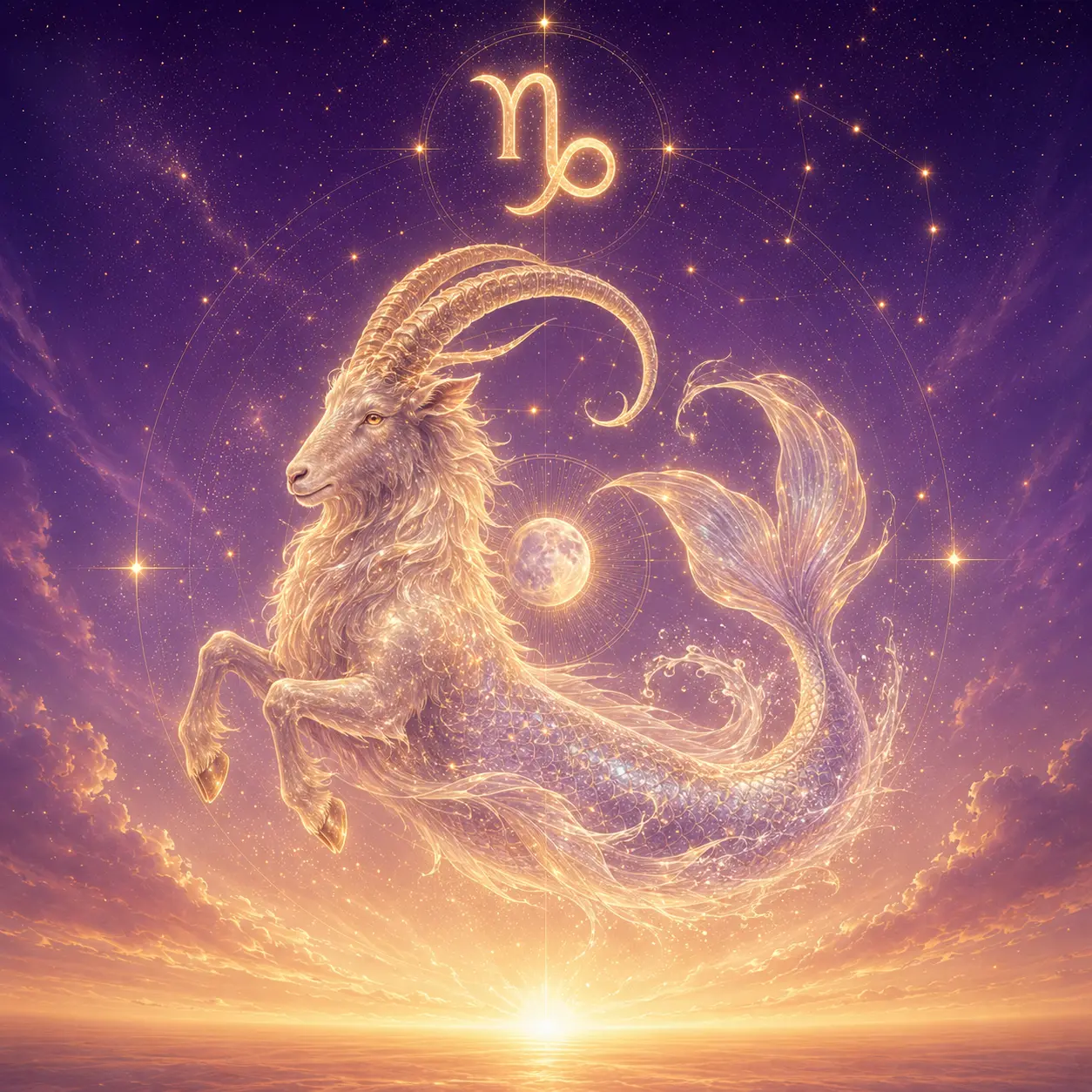 A mountain goat ascending a moonlit golden path, symbolizing structure, patience and mastery.
