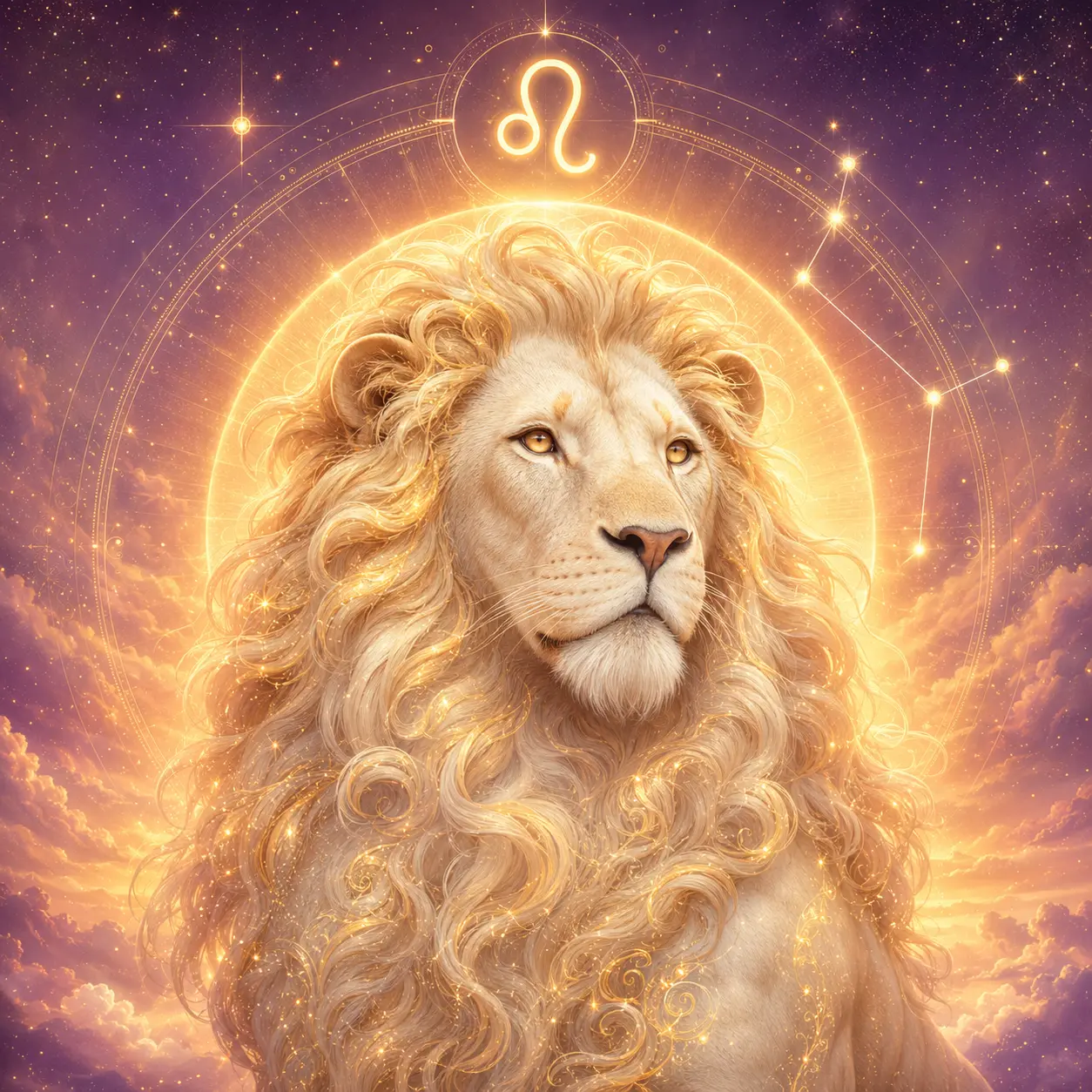 A warm golden lion crowned by sunrise and moonlight, symbolizing heart radiance and creative courage.