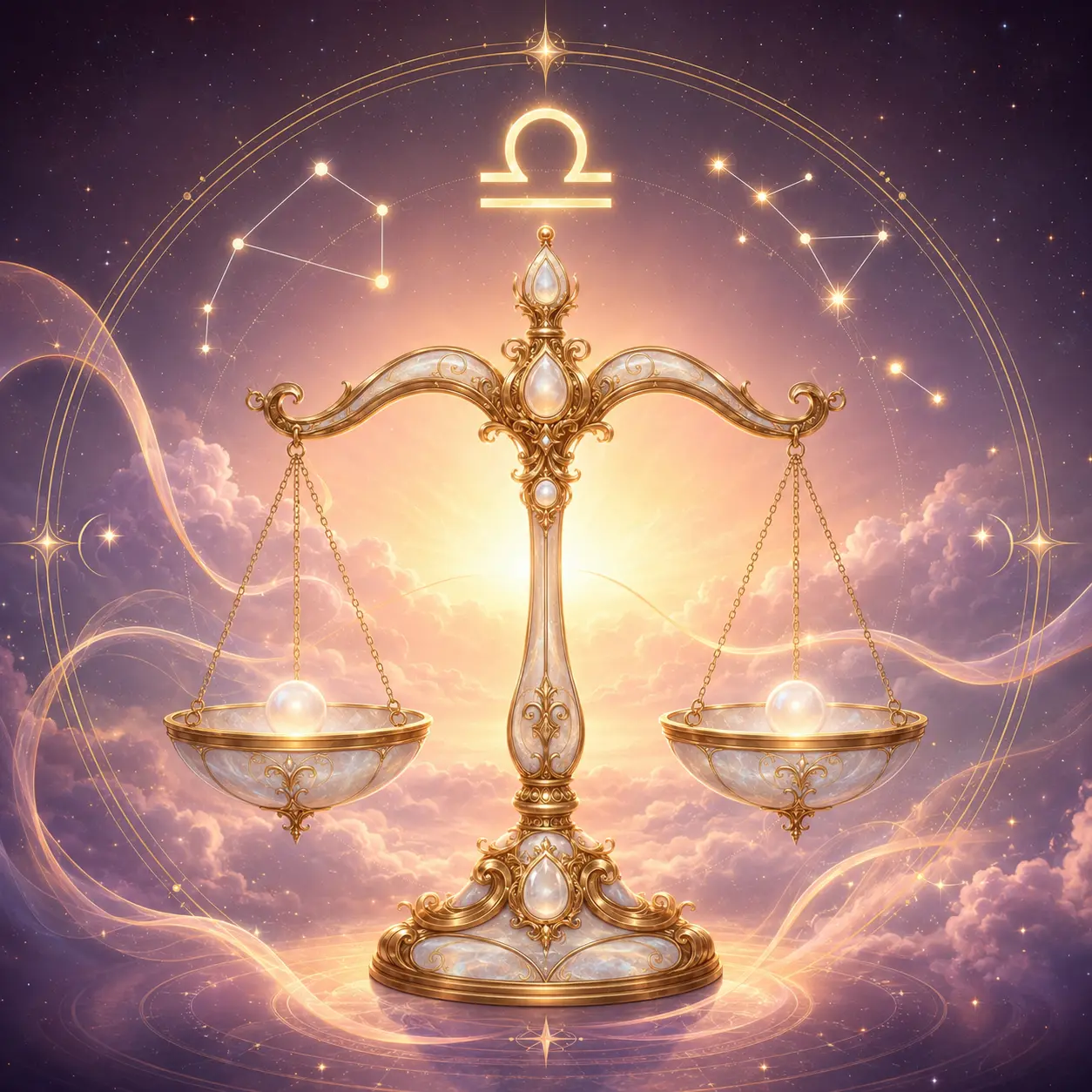 Golden scales balanced between a crescent moon and morning star, symbolizing harmony and sacred relating.