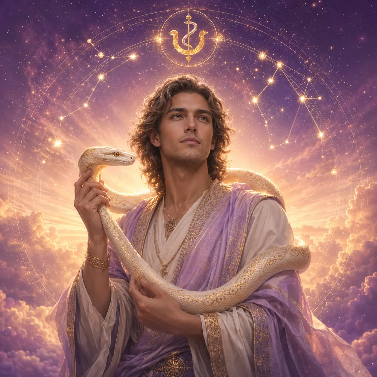 A gentle healer holding a luminous serpent beneath the stars, symbolizing restoration and medicine wisdom.
