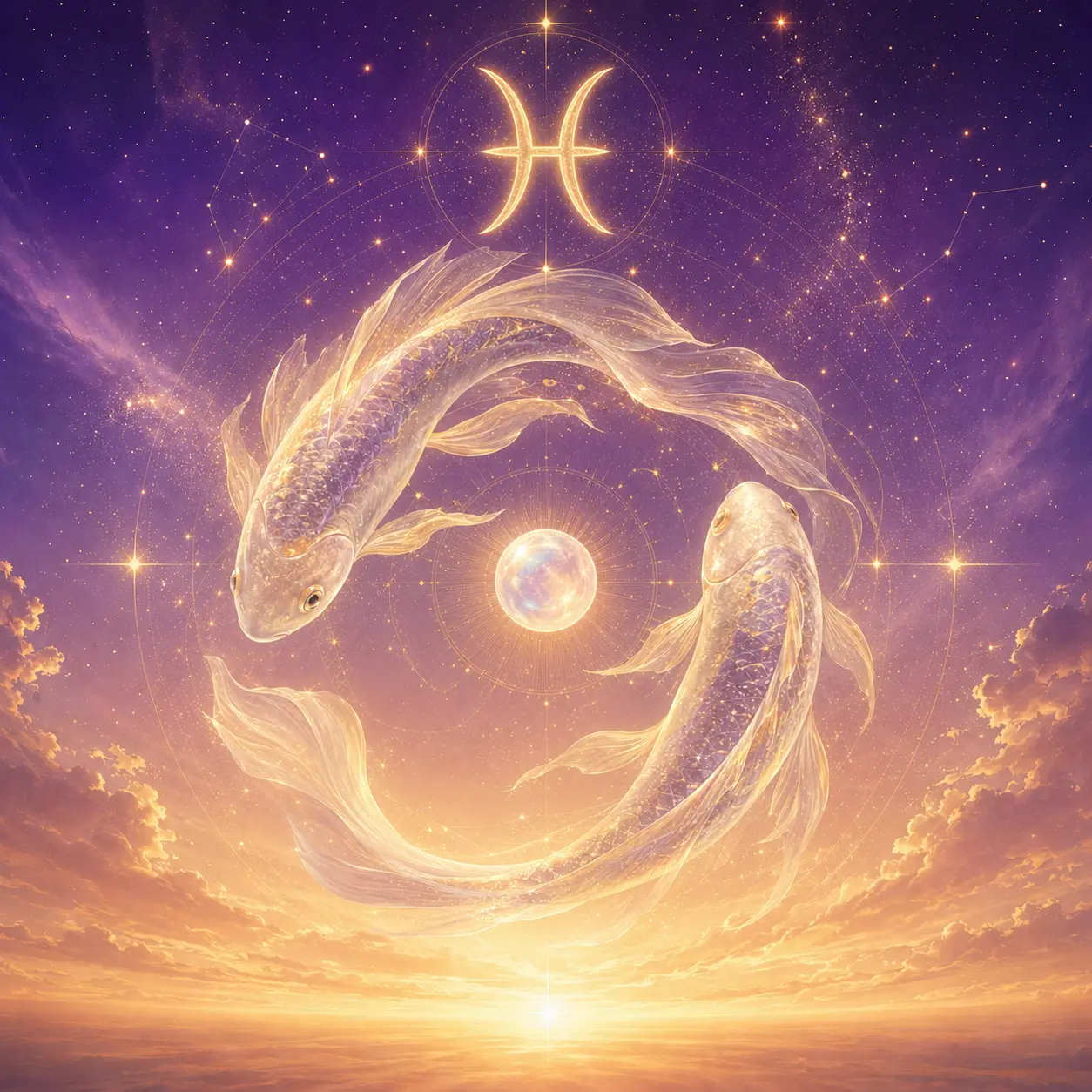 Two luminous fish circling through rose-gold cosmic water, symbolizing compassion, dreams and surrender.