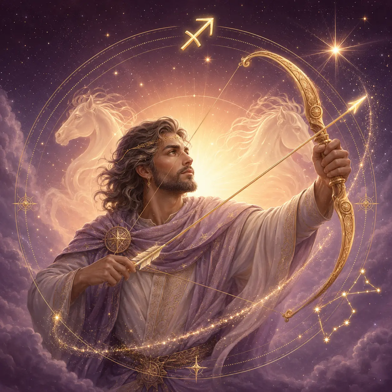 A celestial archer aiming a golden arrow toward the horizon, symbolizing vision and truth-seeking.