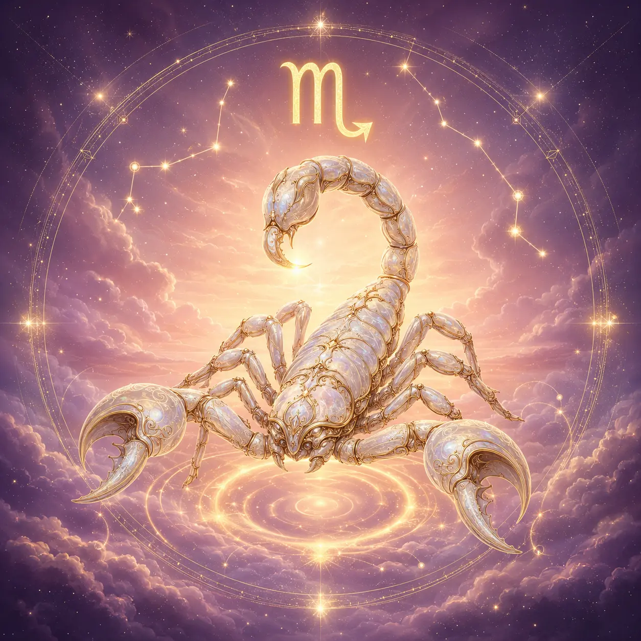 A jeweled scorpion emerging from violet water and golden light, symbolizing depth and transformation.