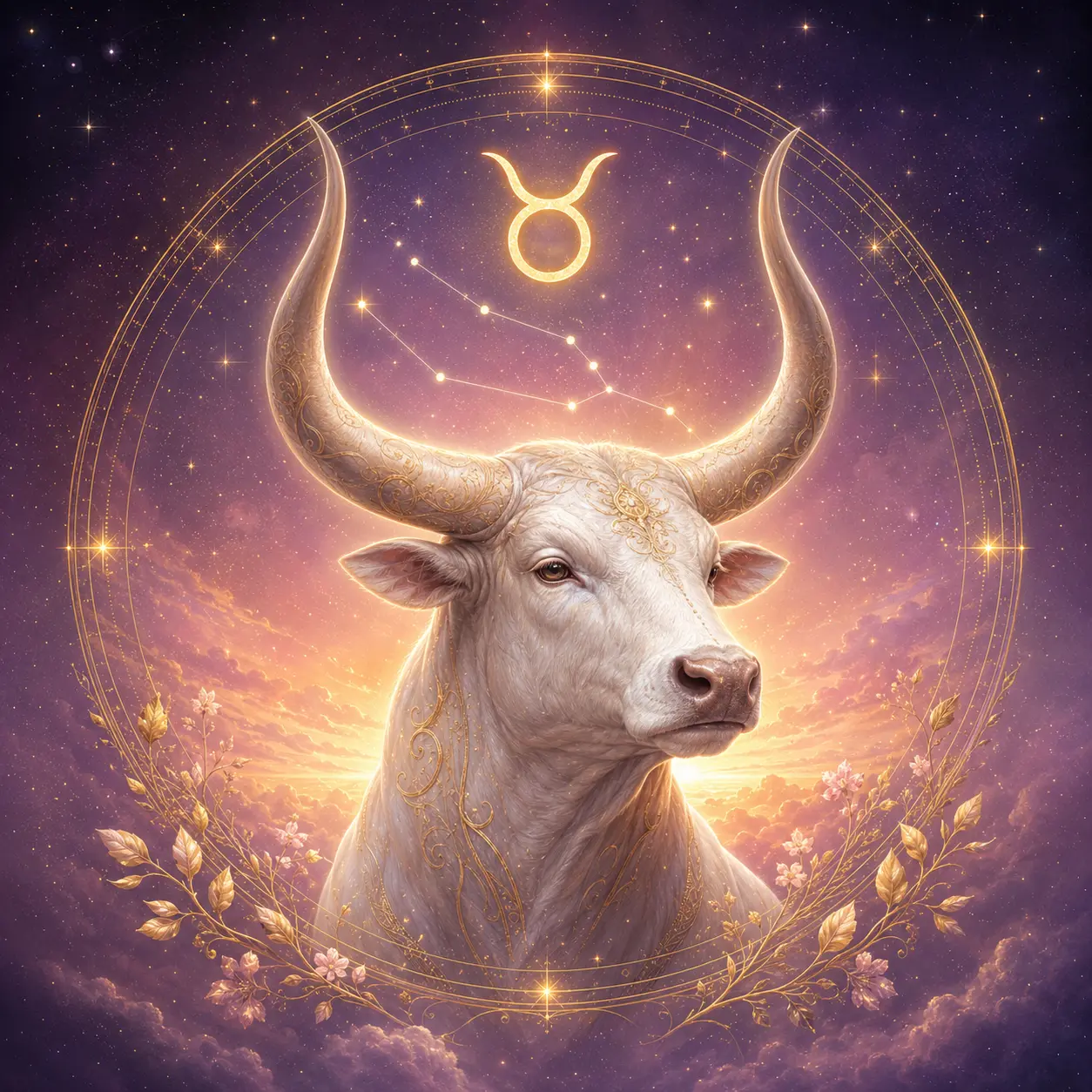 A peaceful celestial bull in a flowering moonlit meadow, symbolizing embodiment and devotion.