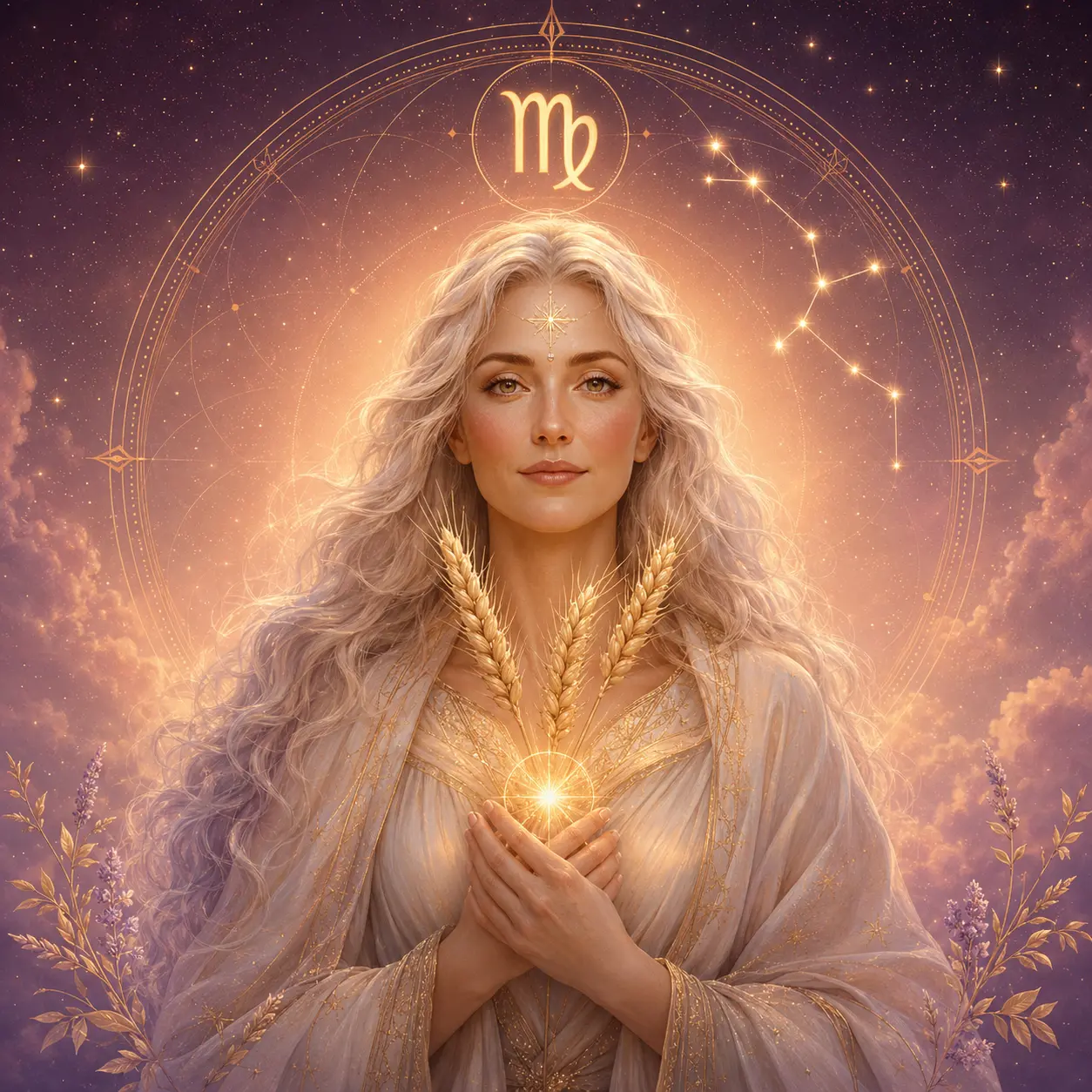 A serene figure gathering luminous herbs and grain, symbolizing refinement and practical healing.