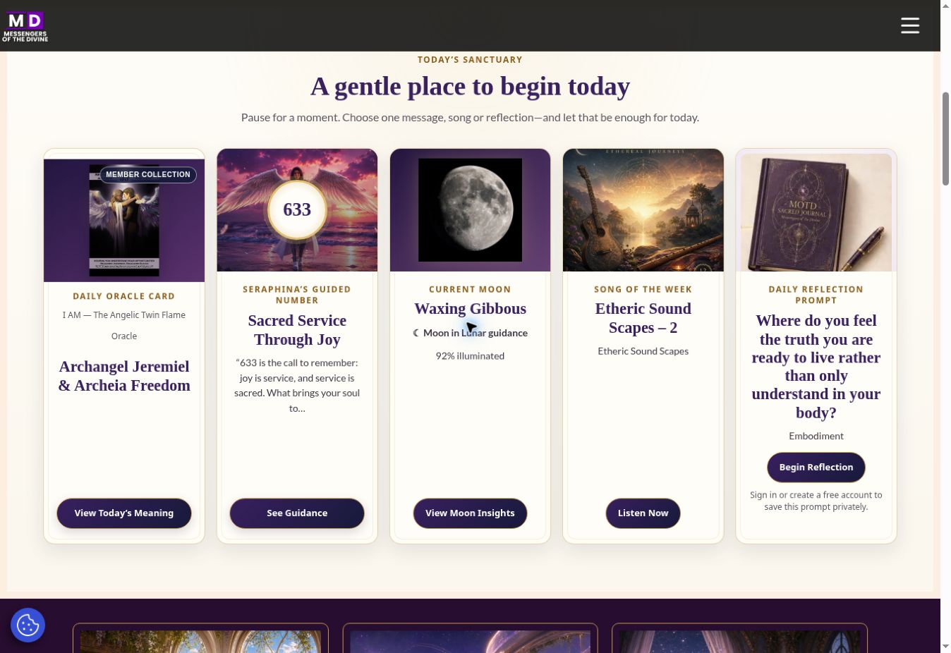 The Messengers of the Divine homepage showing Today’s Sanctuary with daily guidance, music, lunar wisdom and reflection.