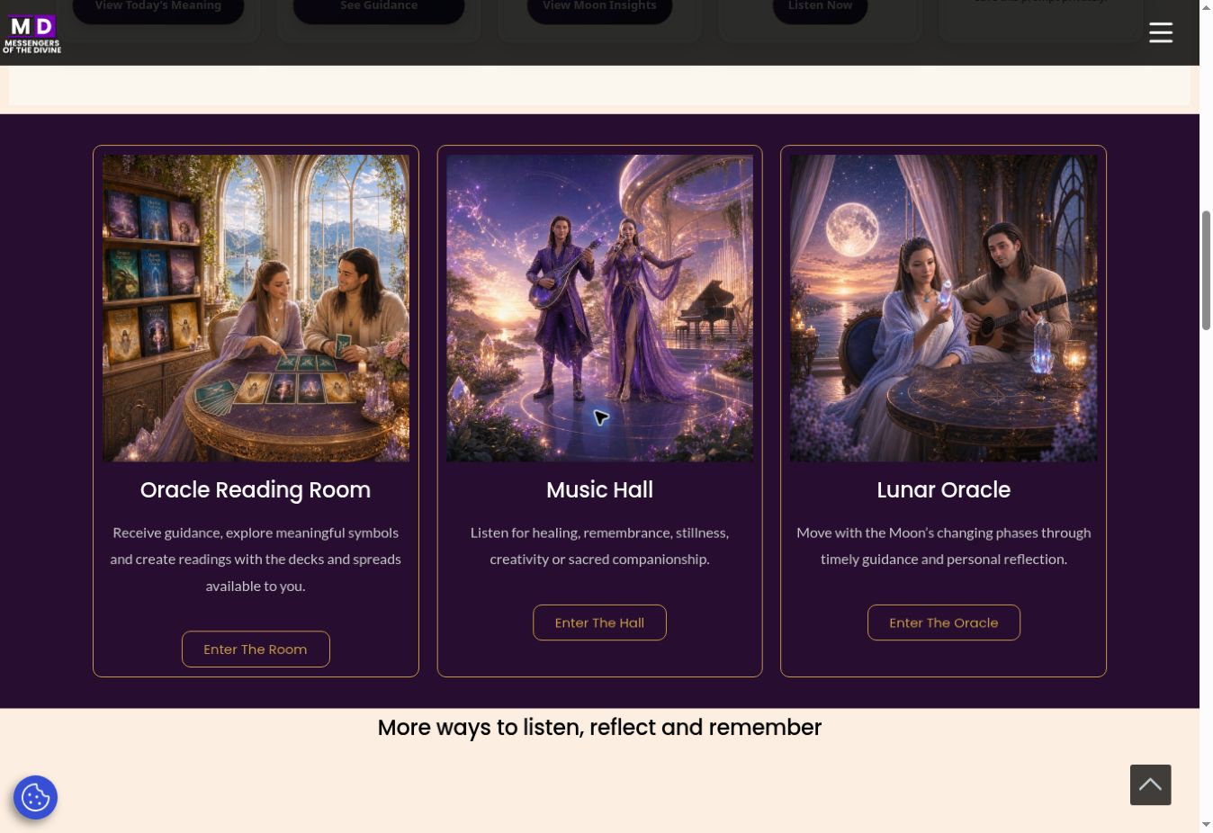 The Messengers of the Divine homepage showing the Oracle Reading Room, Music Hall and Lunar Oracle.