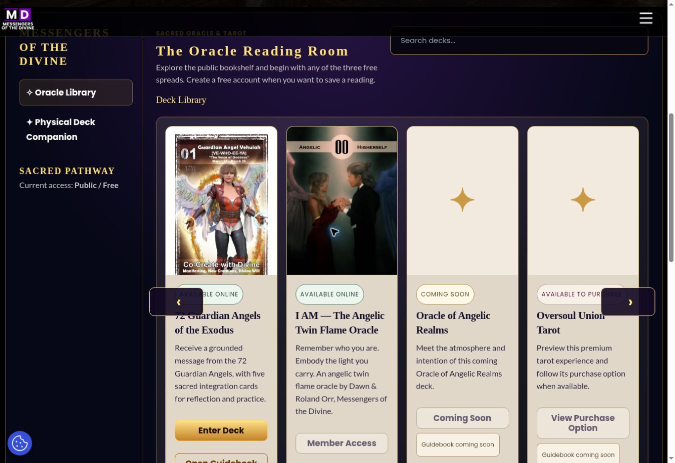 The MOTD Oracle Reading Room showing its deck library and available oracle decks.