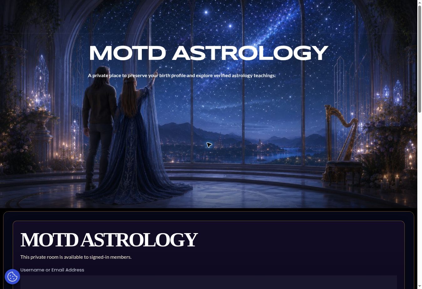 The public MOTD Astrology Room threshold beneath a star-filled sky.
