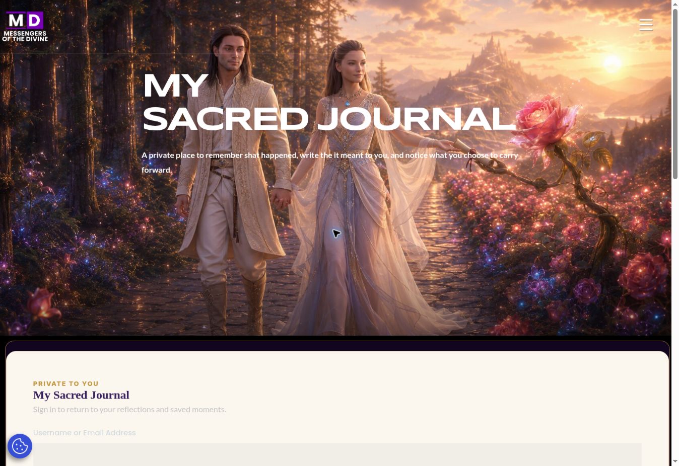 The public My Sacred Journal threshold in a luminous rose garden.