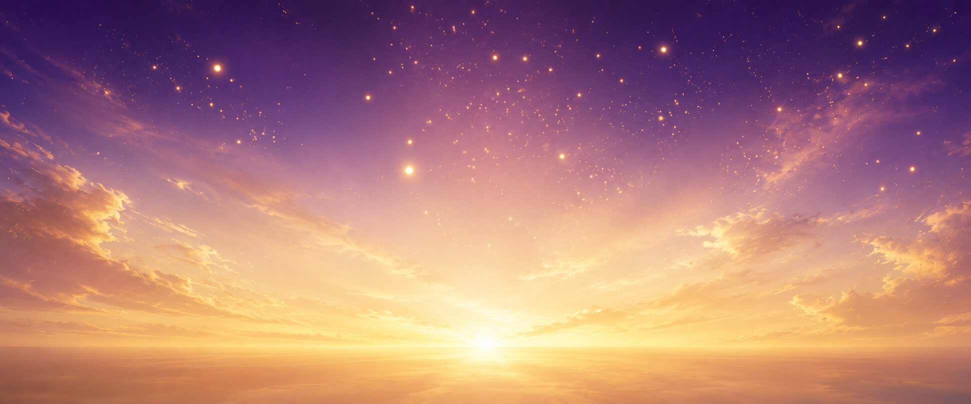 A luminous sunrise horizon beneath a lavender and indigo star-filled sky.